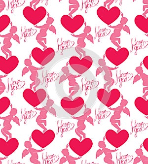 Seamless pattern with silhouettes of angel and heart. Calligraph
