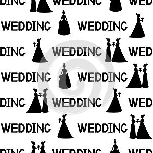 Seamless pattern with silhouettes of the brides and words wedding. Same-sex marriage.