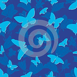 Seamless pattern with silhouettes of butterflies on a blue background.