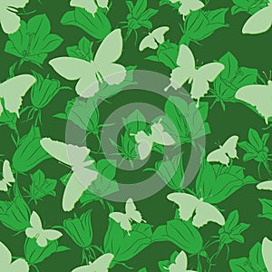 Seamless pattern with silhouettes of butterflies on a green background.