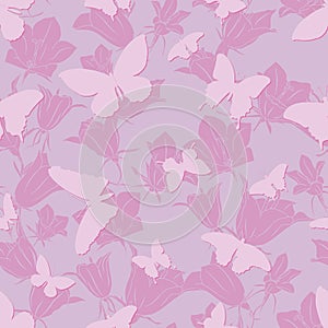 Seamless pattern with silhouettes of butterflies on a lilac background.