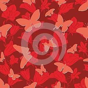 Seamless pattern with silhouettes of butterflies on a red background.