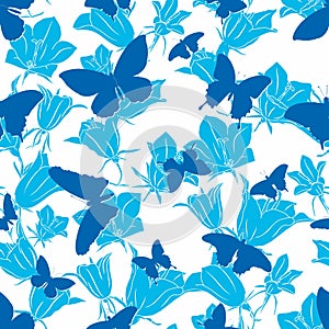 Seamless pattern with silhouettes of butterflies in white and blue colors.