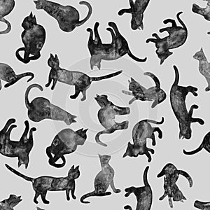 Seamless pattern silhouettes of cats gray watercolor