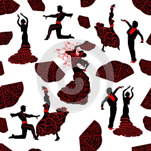 Seamless pattern of silhouettes of dancers Flamenco .