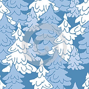 Seamless pattern of silhouettes frozen christmas trees in winter forest