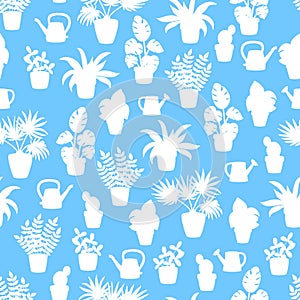 Seamless pattern with silhouettes of potted houseplants