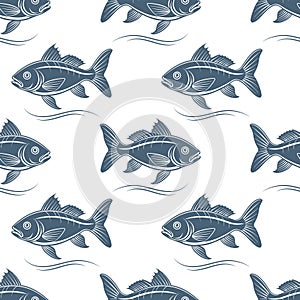 Seamless pattern, silhouettes of sea fish with waves on a white background. Print
