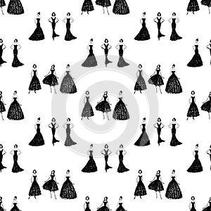 Seamless pattern of silhouettes slim women in evening gowns