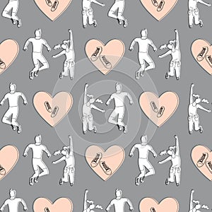 Seamless pattern with silhouettes of young happy couple in jumping poses with hearts.