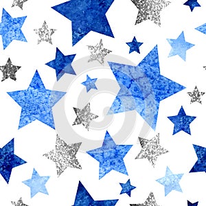 Seamless pattern with silver glitter and blue watercolor stars on white background