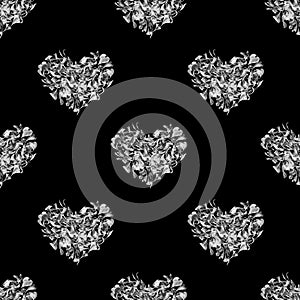 Seamless pattern silver hearts made of flower petals isolated, black background, grey shiny metal heart shape repeating ornament