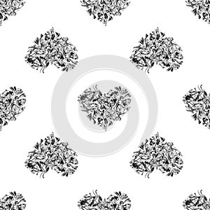 Seamless pattern silver hearts made of flower petals isolated, white background, grey shiny metal heart shape repeating ornamen