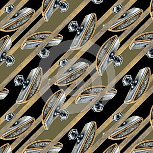 Seamless pattern of silver paperweights and geometric stripes of gold beige ribbon from an old writing set. Watercolor