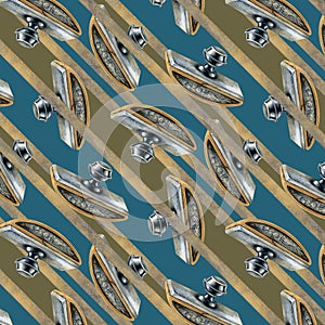 Seamless pattern of silver paperweights and geometric stripes of gold beige ribbon from an old writing set. Watercolor photo