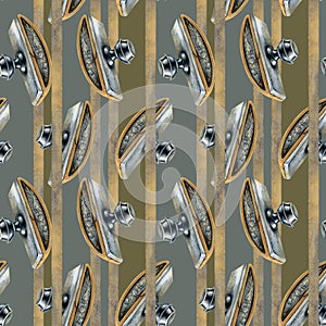 Seamless pattern of silver paperweights and geometric stripes of gold beige ribbon from an old writing set. Watercolor photo