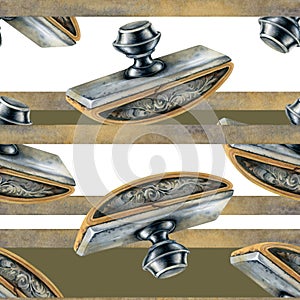 Seamless pattern of silver paperweights and geometric stripes of gold beige ribbon from an old writing set. Watercolor photo