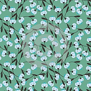 Seamless pattern with simple blue abstract flowers and dark gray leaves.Vector floral background