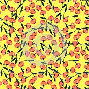Seamless pattern with simple coral abstract flowers and dark blue leaves.Vector floral background