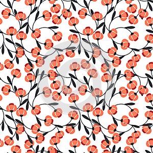 Seamless pattern with simple coral abstract flowers and dark blue leaves.Vector floral background