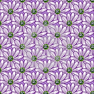 Seamless pattern with simple daisy flowers shapes. Purple background. Natural floral backdrop. Vector design for textile, fabric,