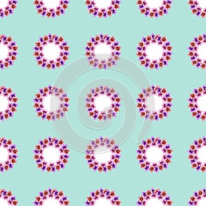 Seamless pattern with simple flowers circle wreath on blue background