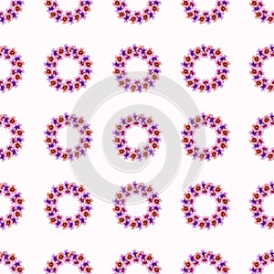 Seamless pattern with simple flowers circle wreaths on white background