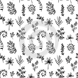 Seamless pattern with simple flowers twigs leaves