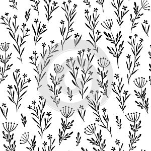 Seamless pattern of simple graphic wildflowers and leaves isolate on white background