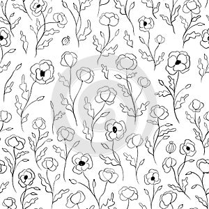 Seamless pattern of simple graphic wildflowers poppy and leaves isolate on white background