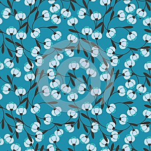 Seamless pattern with simple light blue abstract flowers and dark gray leaves.Vector floral background