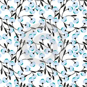 Seamless pattern with simple light blue abstract flowers and dark gray leaves.Vector floral background
