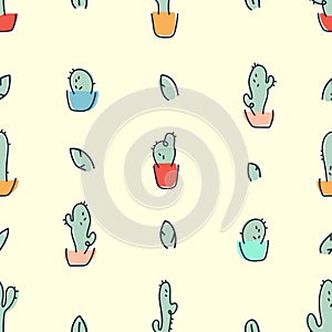 Seamless pattern with simple mono line cacti in multi-colored pots.