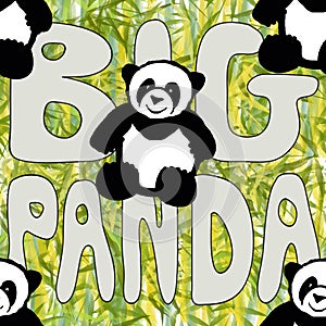 Seamless pattern with a simple rough image of a black and white panda on the background of the gray inscription `BIG PANDA`.