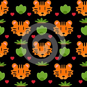 Seamless pattern with simple shaped tiger head and abstract elements