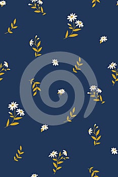 Seamless pattern with simple white flowers on a blue background. Vector