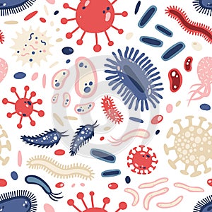 Seamless pattern with single cell microorganisms or microbiome on white background. Backdrop with germs, protists