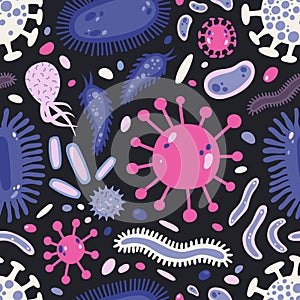 Seamless pattern with single cell microorganisms or microscopic organisms on black background. Backdrop with harmful