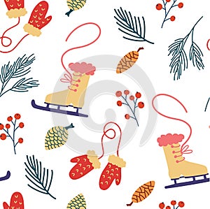 Seamless pattern with skates and mittens. Winter activities background. New year and Christmas items. Fir branches, cones and