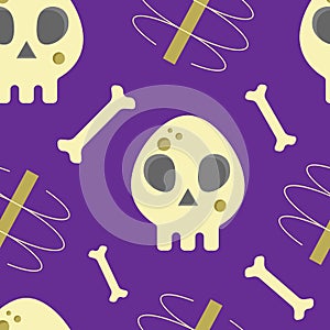 Seamless Pattern with Skull and Bones on a purple background. Illustration for the day of the Dead or Halloween.