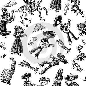 Seamless pattern skeleton in Mexican national costumes. Vintage vector black engraving