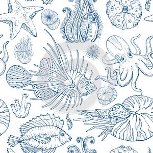 Seamless pattern with sketch of deepwater living organisms