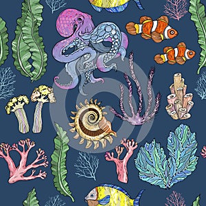 Seamless pattern with sketch of deepwater living organisms, fish and octopus