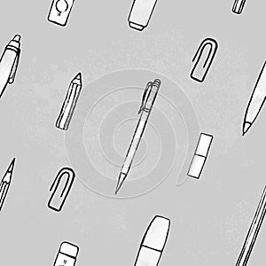 Seamless pattern. Sketch of a pencil, eraser, pen, marker, paper clip drawn by hand on a square gray background in doodle style