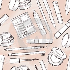 Seamless pattern of sketch set makeup products