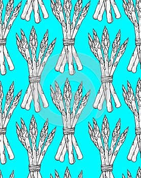 Seamless pattern with sketch style asparagus bunch. Vegetarian background elements