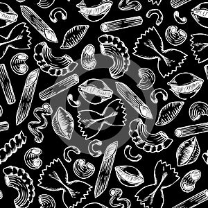 seamless pattern in sketch style. vintage print of types of pasta. italian food, pasta on dark background