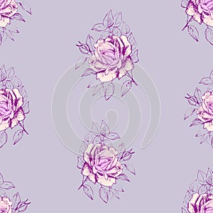 Seamless pattern from sketches delicate roses with buds and leaves