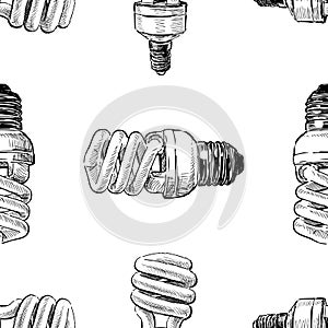 Seamless pattern of sketches of energy saving light bulbs