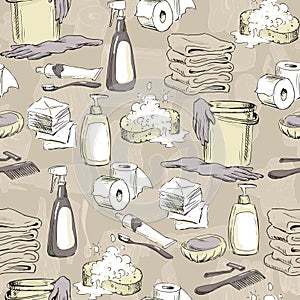 Seamless pattern with sketches of hygiene elements